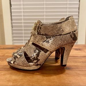 Söfft Leather Snakeskin Print Zip Strappy Heels